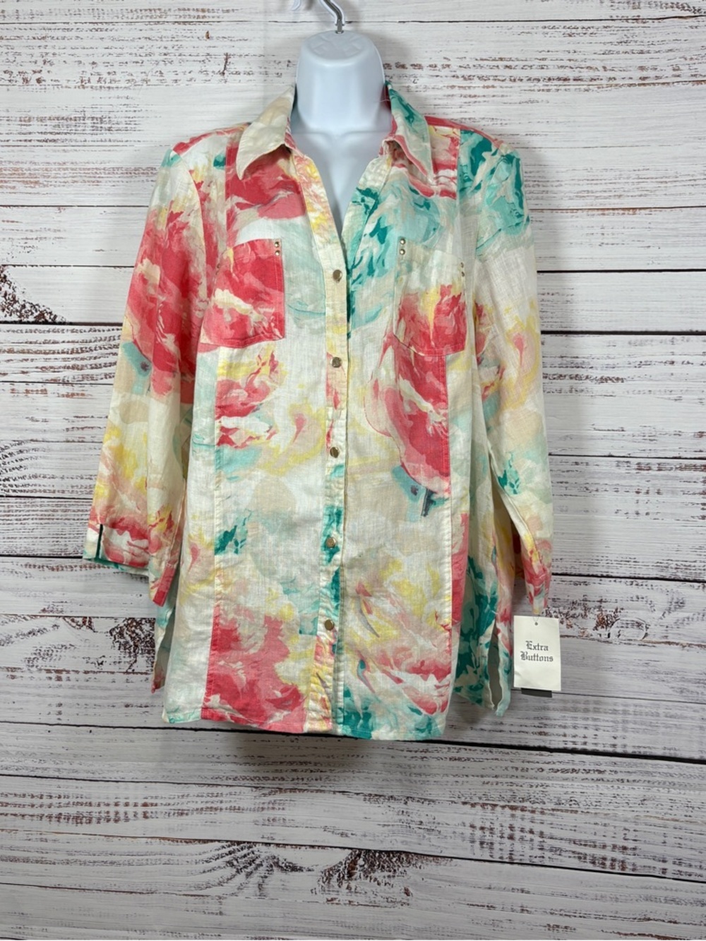 JM Collection Tan Floral Linen 3/4 Sleeve Shirt